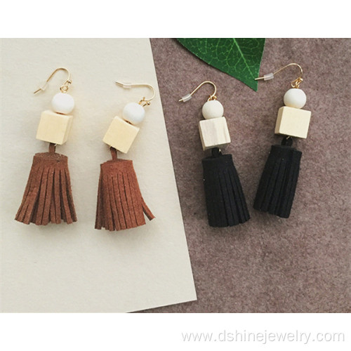 Women Simple Korea Velvet Fabric Tassel Earring With Beads